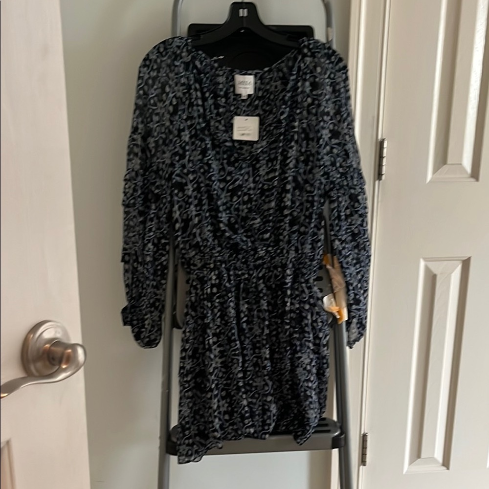Misa Los Angeles Navy and White Long Sleeve Dress